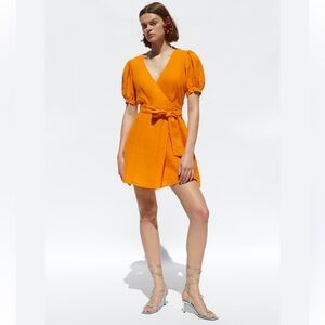 Zara orange linen wrap around puff shoulder dress size medium
